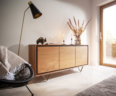 Ladekast Stonegrace Acacia natuur 145 cm 3 deuren steenfineer V-voets Dressoir