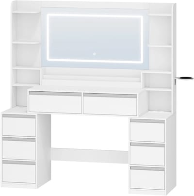 Dressing Table – Voor Slaapkamer en Make-up – Kaptafel met Grote Spiegel, 8 Lades en Open Vakken – Modern Wit en Zilver