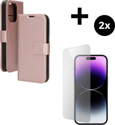 Mobiparts Classic Wallet hoesje geschikt voor Apple iPhone 14 Pro met 2 Screenprotectors van Gehard Glas - Roze