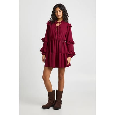 boohoo Dames Geplooide Ruches Detail Strikband Voorkant Smock Jurk | Merlot | Maat: 8