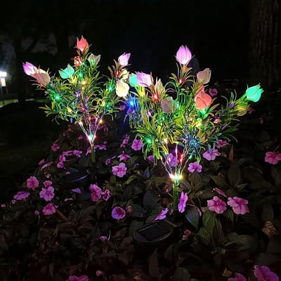 Zonne-energie voor buiten - Led-tuin met bloemen - Waterdichte sfeer voor buiten - De sdecoraties voor buiten, buiten voor tuin, terras en pad - 2 stuks - Gekleurd licht