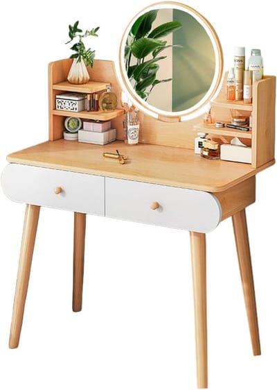 Kaptafel met Spiegel - Make-up Tafel Verlichting - Slaapkamer Organiseren - Geïntegreerde Opbergkast - L100 x B40 x H126CM - Esdoorn