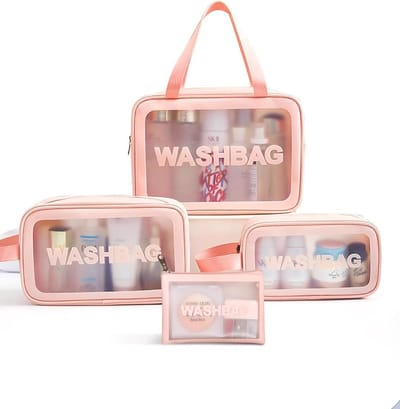 4 stuks toilettas transparant, reis-cosmeticatas, vliegtuig PVC cosmeticatas, waterdichte make-uptas voor mannen, vrouwen, kinderen, familie (klein, medium, groot), roze, ins
