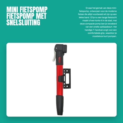 Dailygoods- Fietspomp Klein - Mini-Luchtpomp met T-handgreep - Inclusief Framehouder - 11 Bar/160 PSI - Compact en Lichtgewicht - Eenvoudig te Bedienen