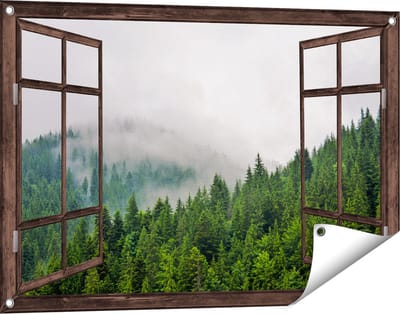 Gards Tuinposter Doorkijk Groen Bos met Bomen tijdens de Mist - 90x60 cm - Tuindoek - Tuindecoratie - Wanddecoratie buiten - Tuinschilderij