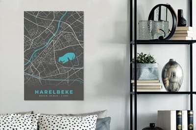 Canvas Schilderij België – Harelbeke – Stadskaart – Kaart – Blauw – Plattegrond - 60x90 cm - Wanddecoratie