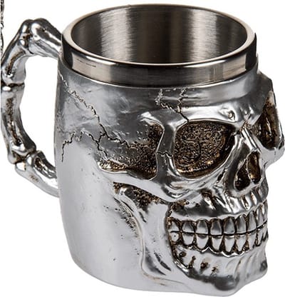 Koffiemok beker met doodskop - zilver - rvs - 16 x 11 cm - Bikers - 400 ml