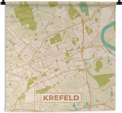 Wandkleed - Wanddoek - Krefeld - Plattegrond - Kaart - Vintage - Stadskaart - 180x180 cm - Wandtapijt