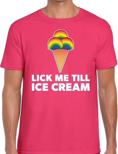 Lick me till ice scream gay pride t-shirt - roze shirt met tekst en regenboog ijsbolletjes voor heren - Gay pride S