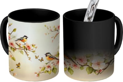 Magische Mok - Foto op Warmte Mokken - Koffiemok - Takken - Bloemen - Vogeltjes - Roze - Magic Mok - Beker - 350 ML - Theemok