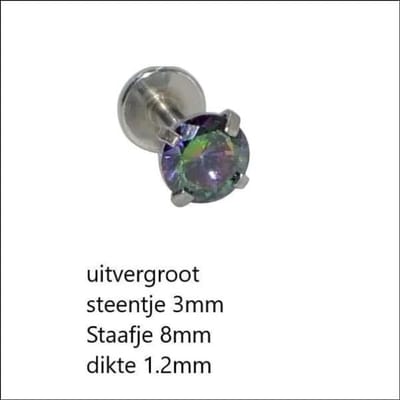 Aramat Jewels | Piercings | Elegante Zirkonia Labret Piercing – 8mmx1.2mm | Zilverkleurig / Multikleurig / 3mm | |3mm | Staal | Volwassenen | Verkleurd niet