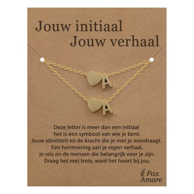 Letter A ketting + armband set op Cadeau Kaartje - Jouw initiaal, jouw verhaal - Goudkleurig Stainless Steel - Initiaal & Hartje Hanger - Pax Amare