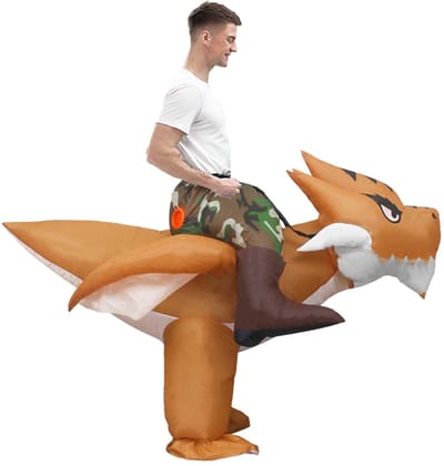 KIMU® Opblaas Kostuum Rijdend op Pterosaurus Bruin - Opblaasbaar Pak - Dinopak Mascotte Opblaaspak - Opblaasbare Dinosaurus Vliegende Dino Festival