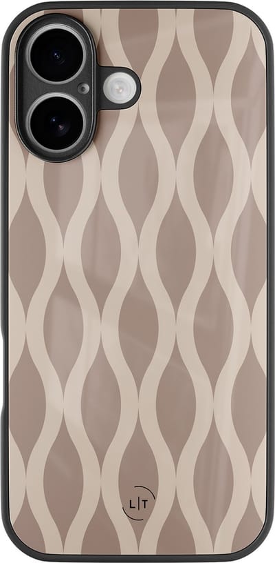 Hoesje geschikt voor iPhone 17 - Abstract beige - Luxe Glazen Hardcase - Hippe print - Bruin - Leuke Telefoonhoesjes