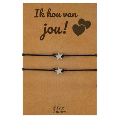 Vriendschapsarmbandjes voor 2 "Ik Hou van Jou" - Sterretjes - Koppel Armbandjes met Lief Cadeau Kaartje - Zilverkleurig - Elastisch Verstelbaar - Pax Amare