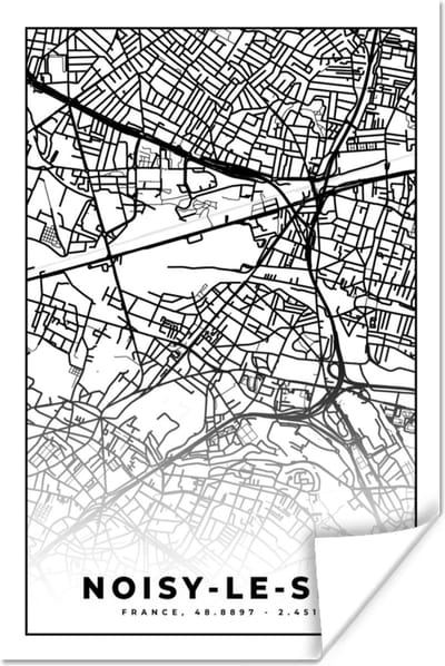 Poster Stadskaart - Noisy-le-Sec - Plattegrond - Kaart - Frankrijk - Zwart wit - 120x180 cm XXL