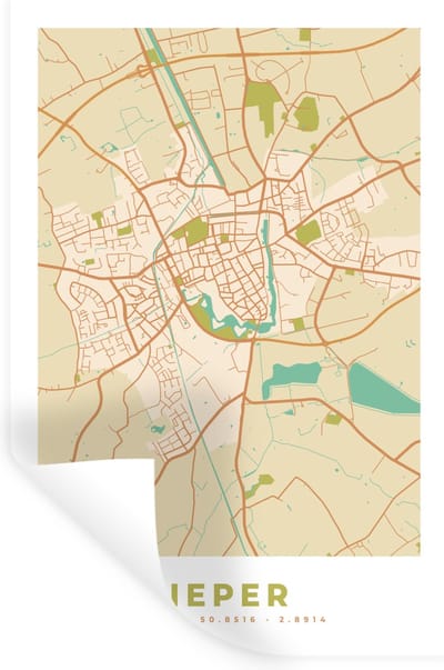 Muurstickers - Sticker Folie - Stadskaart - Ieper - Kaart - Vintage - Plattegrond - 20x30 cm - Plakfolie - Muurstickers Kinderkamer - Zelfklevend Behang - Zelfklevend behangpapier - Stickerfolie