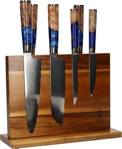 Shinrai Knives - Messenset met Blok - 6 delig - Koksmes - Japans Design - Damascus Epoxy Sapphire - Magnetisch Messenblok Dubbelzijdig - Met Luxe Geschenkdoos - Messenhouder - Keukenmes - Koksmes