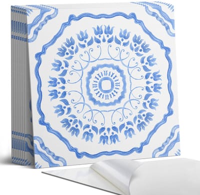 Coloray Plaktegels - Bloemenmotief in een cirkel Portugese Tegels - 30 cm x 30 cm - Blauw Plaktegels - 9 stuks - Vierkant PVC Tegels - Plaktegels Keuken - Zelfklevende Vloertegels - Vinyltegels Vloer Zelfklevend - Zelfklevende Tegels