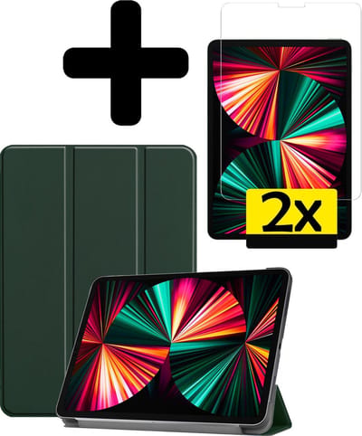 Hoes - Geschikt voor Apple iPad Pro (2021) - 12.9 inch - Met Screenprotector - Trifold Bookcase - Hard Cover - Hardcover Book Case - Tablet Hoesje - Donkergroen