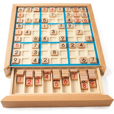 Houten Sudoku Puzzelbord Houten Sudoku Spelset met Lade Wiskundige Hersenkraker Bureaublad Speelgoed blauw