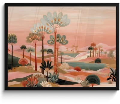 Poster in lijst - Fotolijst 80x60 cm - Posters - Roze landschap - Palmen - Water - Posterlijst zwart - Decoratie - Wanddecoratie woonkamer - Muurdecoratie slaapkamer
