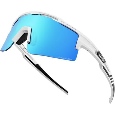 OutdoorMaster Hawk II Gepolariseerde Sportfietsbril met Witte Frame en Revo Blauwe Lens