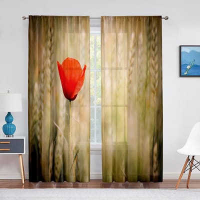 Klaproos Rode Bloemen Transparante Voile Gordijnen voor Woonkamer Slaapkamer Keuken Tule Raamgordijn Huisdecoratie Chiffon Draperieën 1 PCS W100XH250cm&Grommet Top