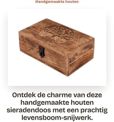 Dailygoods- Sieradendoos handgemaakt - Houten juwelendoos - Levensboom snijwerk - Ruim interieur - Duurzaam - Vintage uitstraling - Sieradenbox