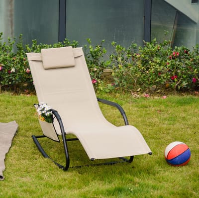 MIVRAY Schommelstoel 150 x 62 x 88 cm - Zacht Schommelende Ligstoel Met Afneembaar Zijvak En Kussen - Voor Tuin En Terras - Metaal Beige