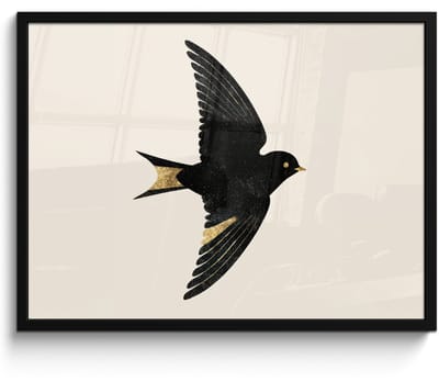 Poster in lijst - Fotolijst 80x60 cm - Posters - Zwarte zwaluw - Gouden accenten - Lichte achtergrond - Posterlijst zwart - Decoratie - Wanddecoratie woonkamer - Muurdecoratie slaapkamer