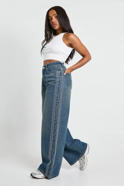 boohoo Dames Jeans met gestikte details, hoge taille en wijde pijp | Vintage Was | Maat: 34