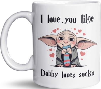 NietMokken.nl - Grappige mok 325ml - "I love you like Dobby loves socks" - Perfect cadeau voor fans van Harry Potter - Leuk voor Valentijn of verjaardag - Keramische beker