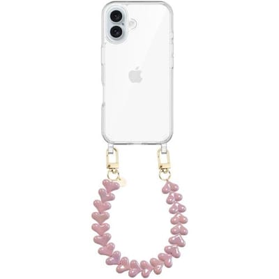 xoxo Wildhearts siliconen hoesje geschikt voor iPhone 17 hoesje - Funky Hearts - Telefoonhoesje - Hoesje met koord - Metallic Roze koord - kort telefoonkoord - Hartjes ketting - Transparant hoesje