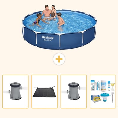 Bestway Rond Steel Pro Zwembad - 366 x 76 cm - Blauw - Inclusief Pomp - Solar Mat - Zwembadfilterpomp - Onderhoudspakket - 5-delig