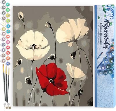 Figured'Art Schilderen op Nummer Volwassenen canvas Rode en witte bloemen - Handwerk acrylverf Kit DIY Compleet - 40x50cm zonder frame