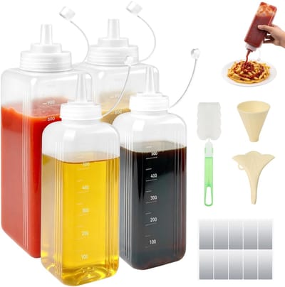 Dailygoods- Knijpflessen Set van 4 - 2x 1000 ml/2x 600 ml - Lekvrij - Met maatschaal/etiketten - Inclusief borstels/trechter - Herbruikbaar - Squeeze Fles