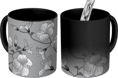 Magische Mok - Foto op Warmte Mokken - Koffiemok - Hibiscus - Grijs - Tropisch - Patroon - Magic Mok - Beker - 350 ML - Theemok
