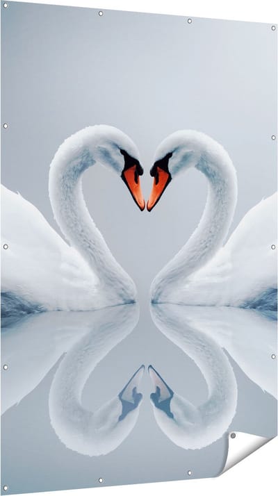 Gards Tuinposter Twee Zwanen in een Hart Vorm - 120x180 cm - Tuindoek - Tuindecoratie - Wanddecoratie buiten - Tuinschilderij