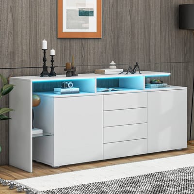 MODENUIT Dressoir - Met Led En 4 Lades - Voor Woonkamer Of Eethoek - Spaanplaat En Glas - 160x35x70 Cm - Wit