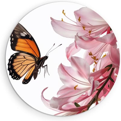 Saammp Muurcirkel Hout - Vlinder op roze bloem - Landschap - Natuur - Ø 90 - Wandcirkel - Wanddecoratie Cirkel - Muurdecoratie Woonkamer - Slaapkamer decoratie - Rond Schilderij
