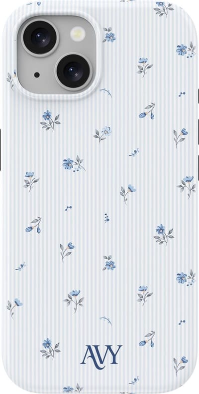 AVY Hoesje geschikt voor Apple iPhone 15 | Sky Blossom | Bloemen | Blauw | Hard Shell Back Cover | Compatibel met MagSafe & Qi2