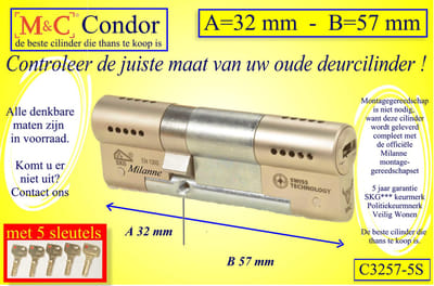 M&C Conder high-tech security deurcilinder 32x57 mm MET 5 SLEUTELS - SKG*** - Politiekeurmerk Veilig Wonen  -  inclusief MilaNNE gereedschap montageset