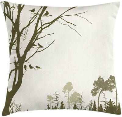 ABAKUHAUS Kussenhoes – Landschap, Bosvogels op een Boom – 50x50 cm – Olijfgroen Creme – Dubbelzijdig bedrukt