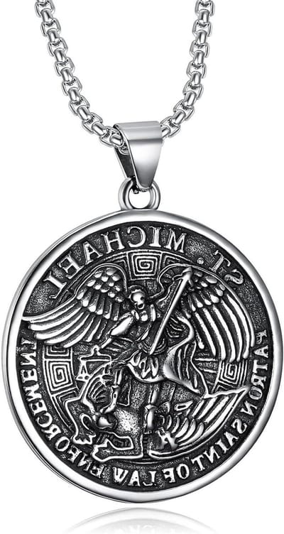 Hanger Sint Michael - Beschermengel Amulet - Dagelijkse Sieraden - Roestvrij Staal - 47mm x 61mm - Antiek Zilver
