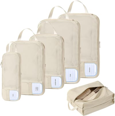 Reis Organizers - Bagage Cubes - Ruimte Besparen - Compressie Functie - 6 Delige Set - Beige