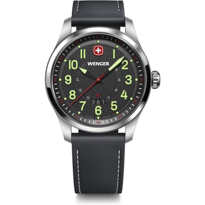WENGER TERRAGRAPH Boîtier en Acier Inoxydable Noir Cuir Noir Quartz 100m Étanche Analogique Montre Homme, (316L), Cadran, Bracelet, Mouvement, Résistant, Cadeau, [ ] gray