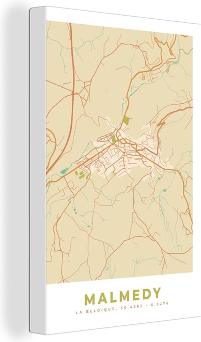 Canvas Schilderij Plattegrond - Kaart - België - Malmedy - Stadskaart - 20x30 cm - Wanddecoratie