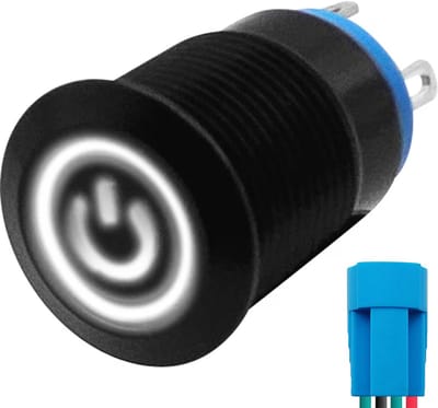 ProRide Metalen Pulsschakelaar 12V OFF-(ON) - 12mm - Momentschakelaar met Aansluitkabel - Spatwaterdicht - 12V/24V - LED Indicatie Wit