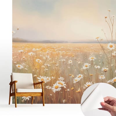 Wallfluent Zelfklevend Behang - Bloemenweide Stickerbehang op rol - 250x250 cm - Wit Zelfklevend Behang - Herpositioneerbaar - Voor de slaapkamer, woonkamer en hal Zelfklevend Behang